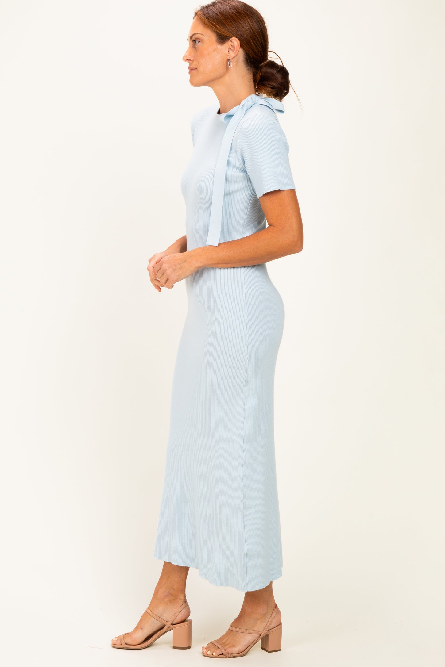 Sky Tie Neck Short Sleeve Knit Dress