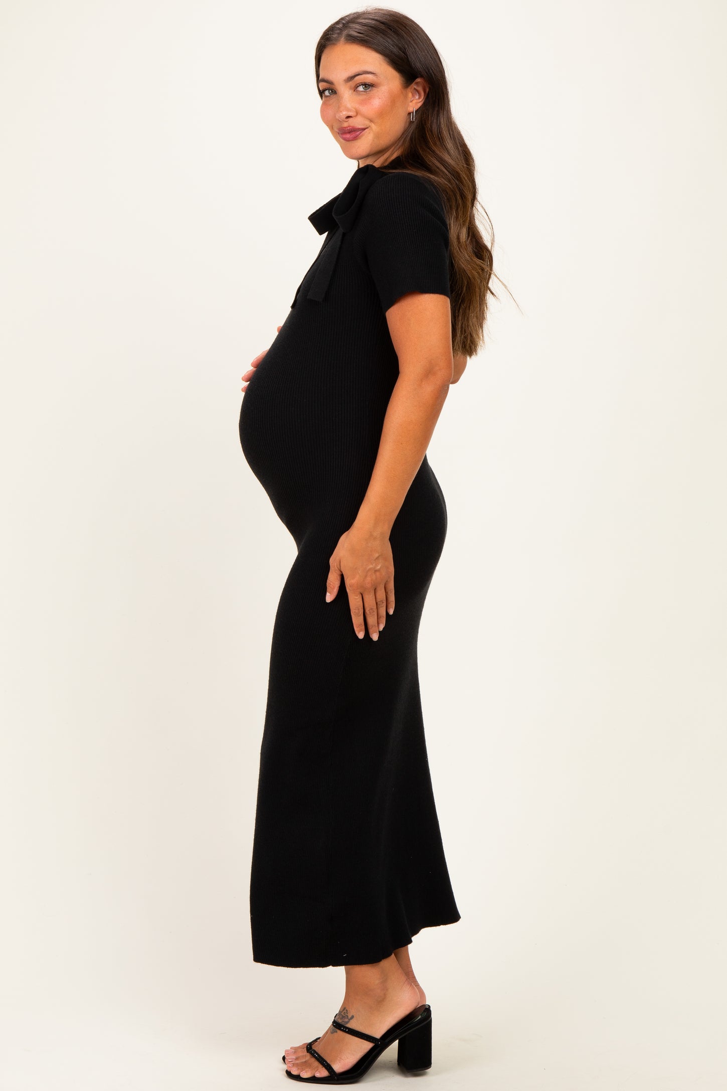 Black Tie Neck Short Sleeve Knit Maternity Dress