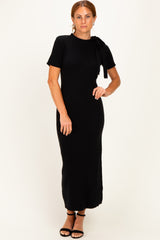 Black Tie Neck Short Sleeve Knit Dress