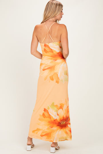 Peach Floral Deep V-Neck Maxi Dress