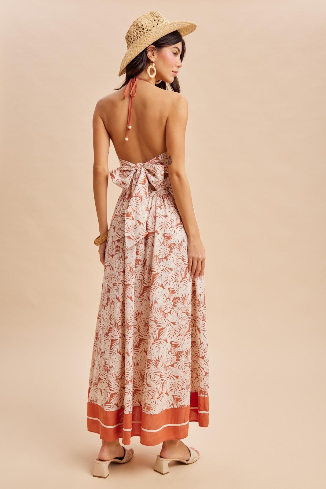 Terracotta Printed Cutout Tie Back Maxi Dress