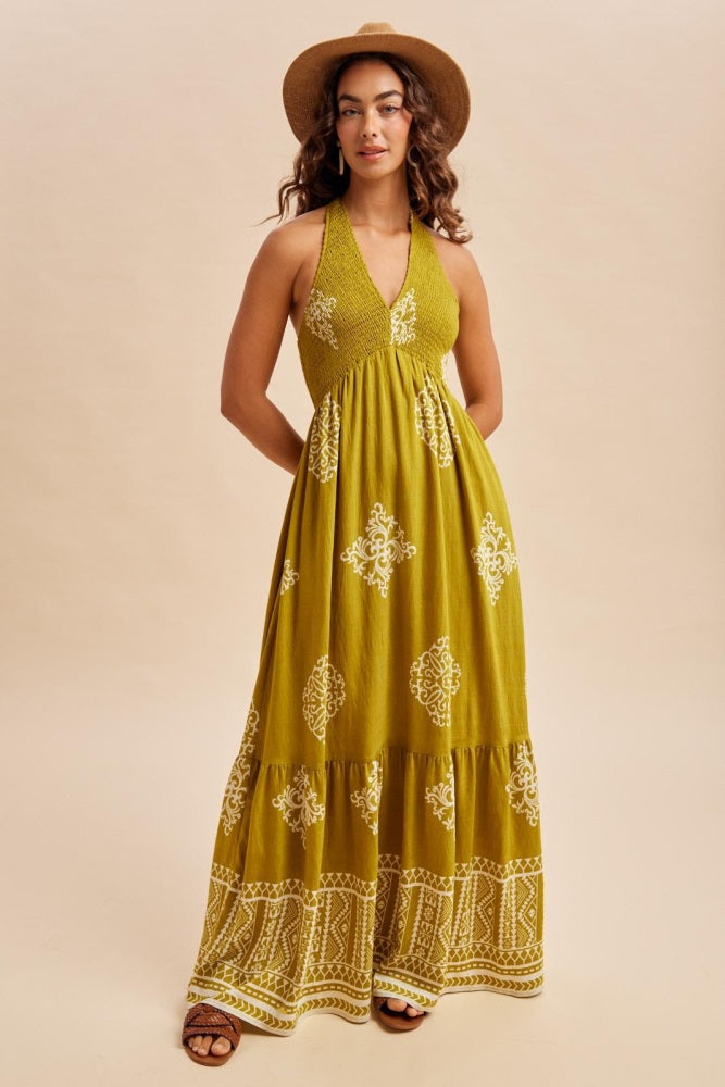 Olive Palm Printed Smocked Halter Maxi Dress