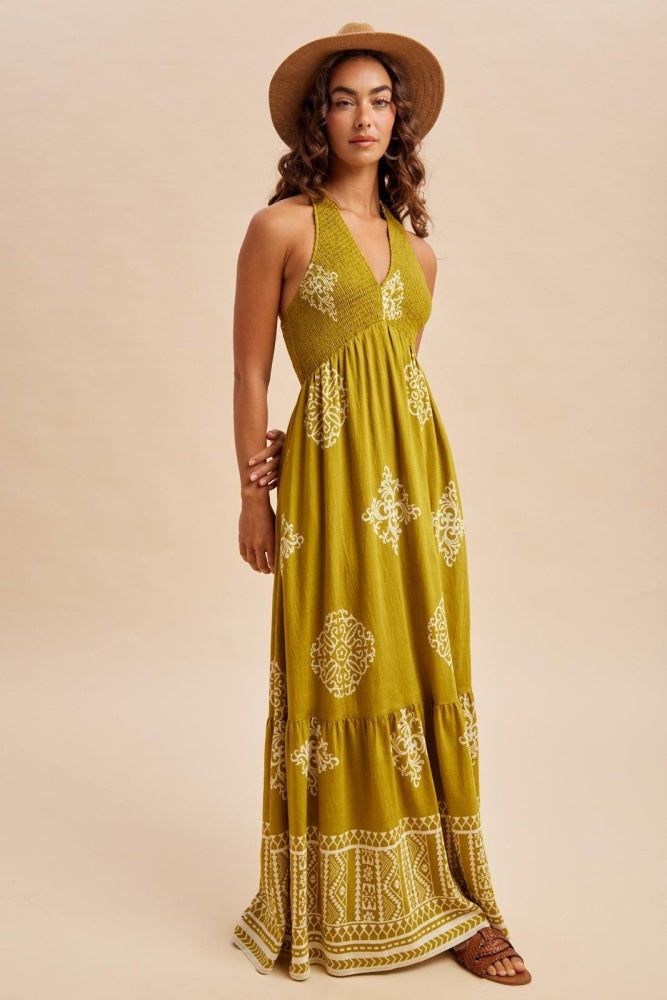 Olive Palm Printed Smocked Halter Maxi Dress