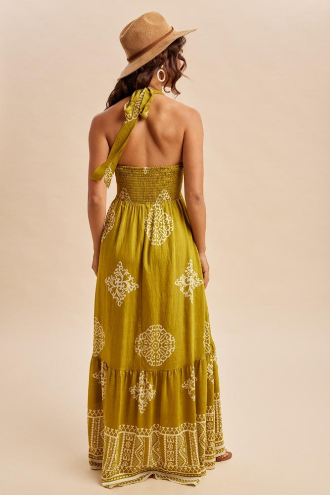 Olive Palm Printed Smocked Halter Maxi Dress