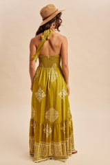 Olive Palm Printed Smocked Halter Maxi Dress