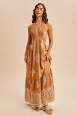 Sandalwood Printed Smocked Halter Maxi Dress