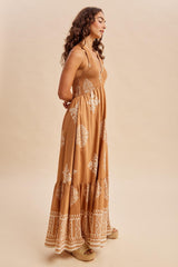 Sandalwood Printed Smocked Halter Maxi Dress