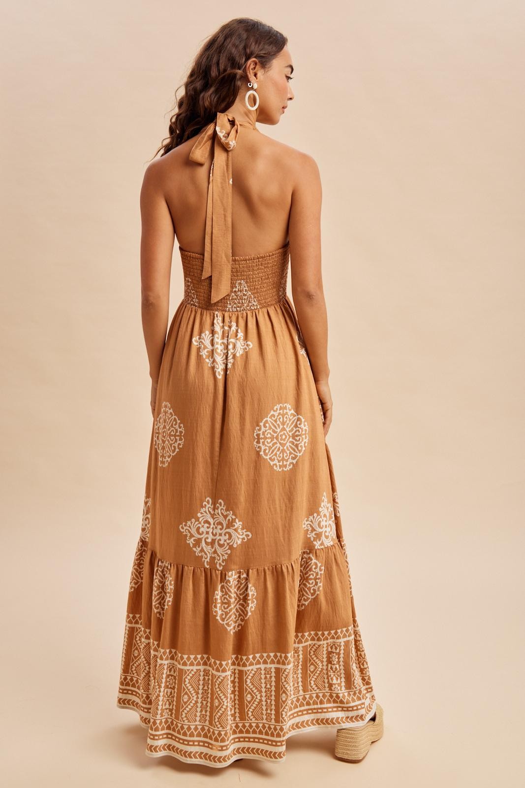Sandalwood Printed Smocked Halter Maxi Dress