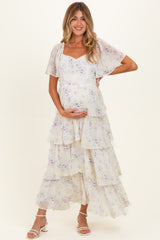 Lemon Floral Flounce Tiered Maternity Maxi Dress