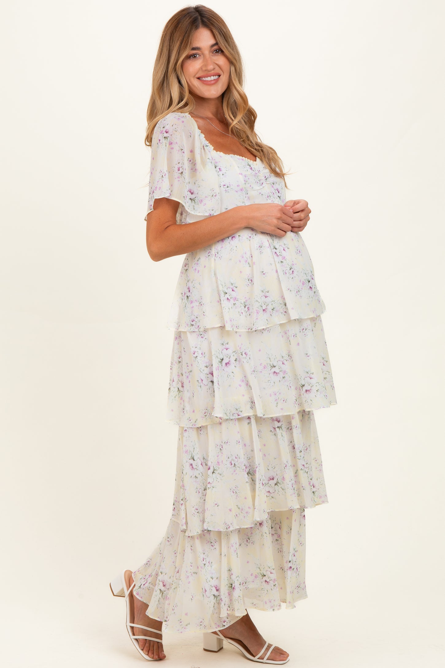 Lemon Floral Flounce Tiered Maternity Maxi Dress