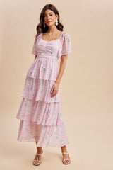 Sweet Pink Floral Flounce Tiered Maternity Maxi Dress