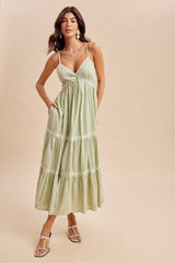 Mint Cream Printed Lace Tiered Maxi Dress