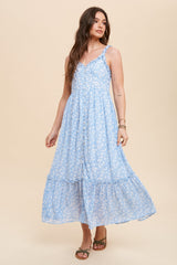Cornflower Blue Floral Ruffle Strap Button Down Dress