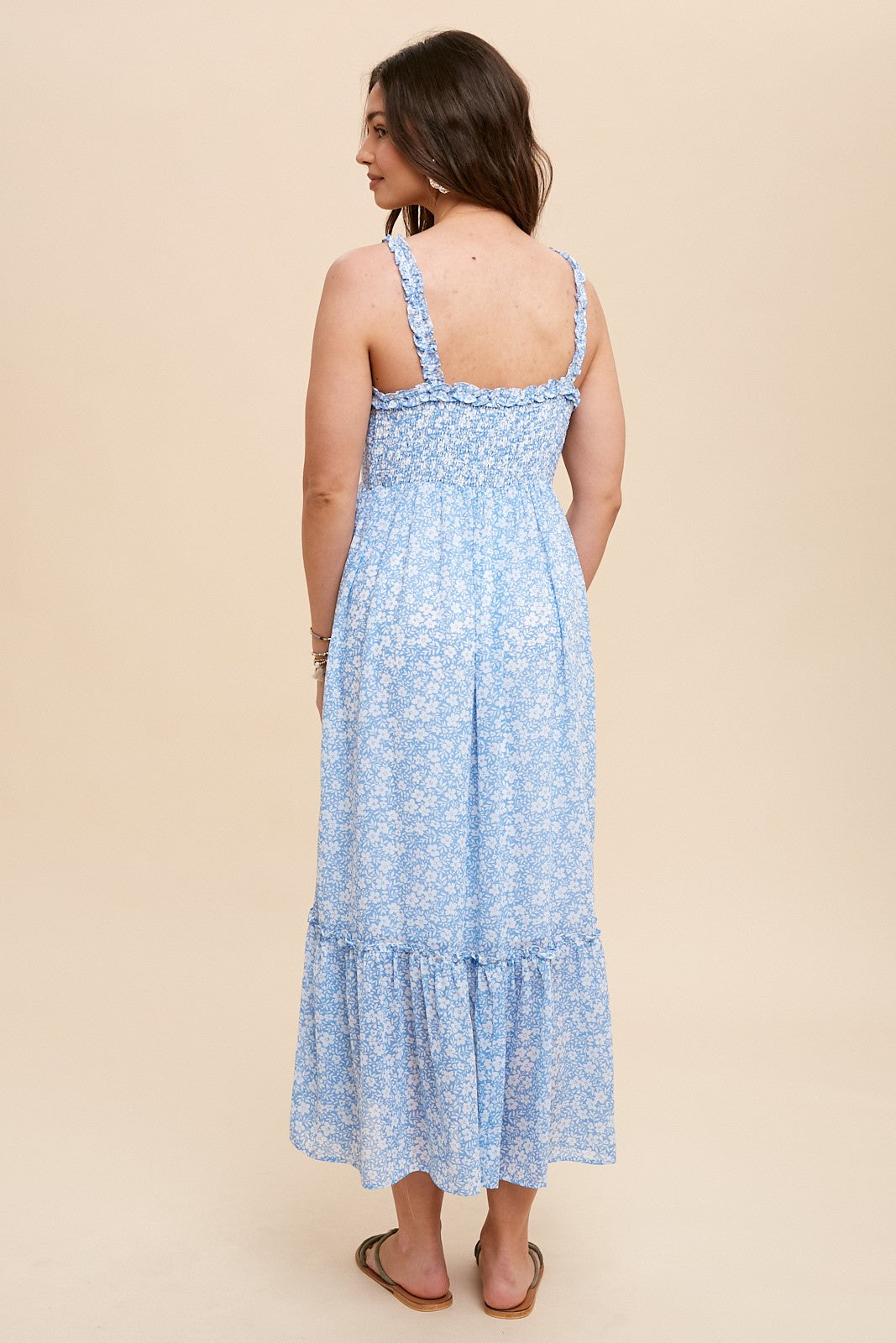Cornflower Blue Floral Ruffle Strap Button Down Dress