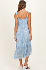 Cornflower Blue Floral Ruffle Strap Button Down Maternity Dress