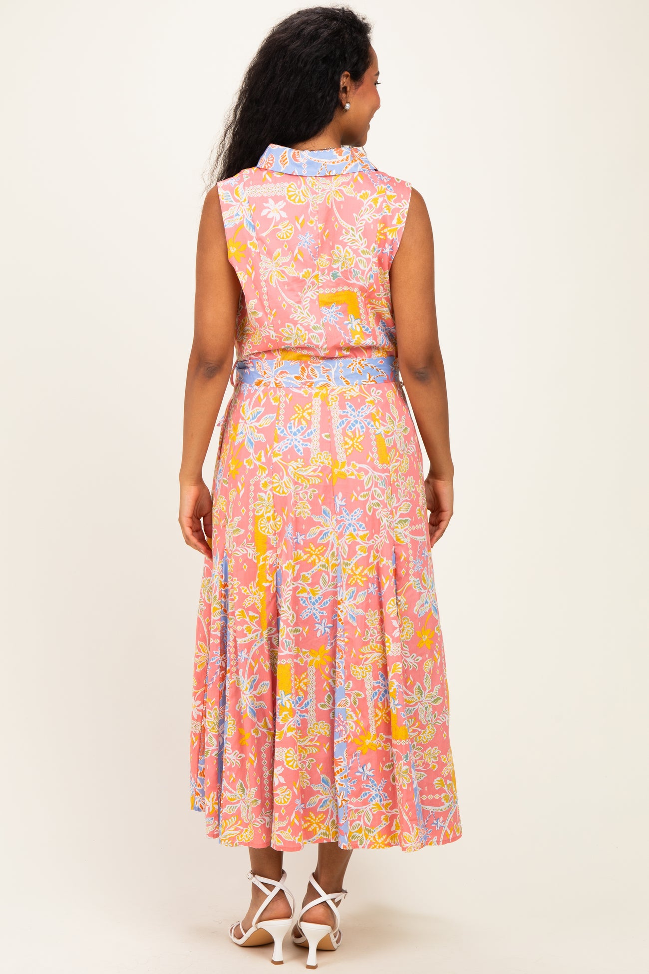 Peach Pink Colorblock Floral Button Down Maternity Midi Dress