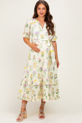 Cream Floral Belted Tiered Maternity Midi Dress
