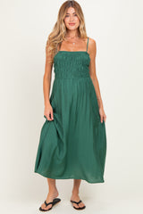 Kelly Green Smocked Thin Strap Maternity Midi Dress