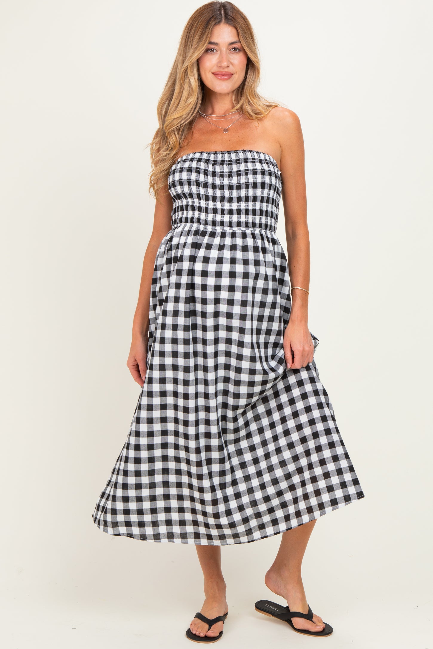 Black White Plaid Strapless Smocked Maternity Midi Dress