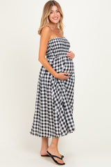 Black White Plaid Strapless Smocked Maternity Midi Dress