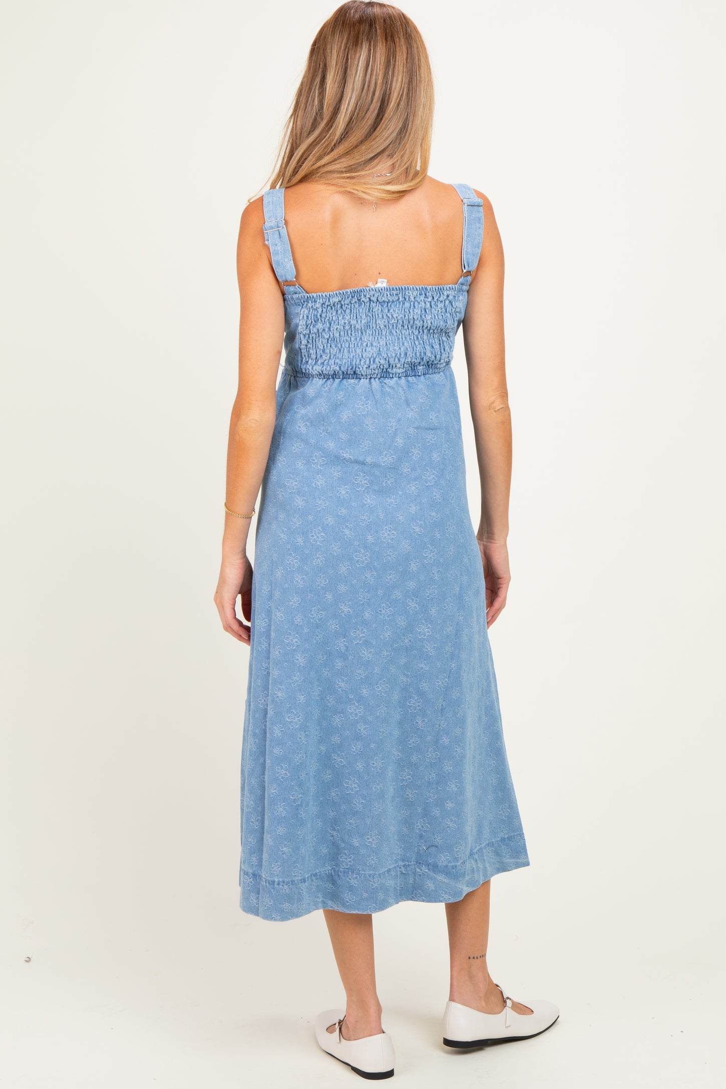 Light Denim Floral Button Down Maternity Midi Dress