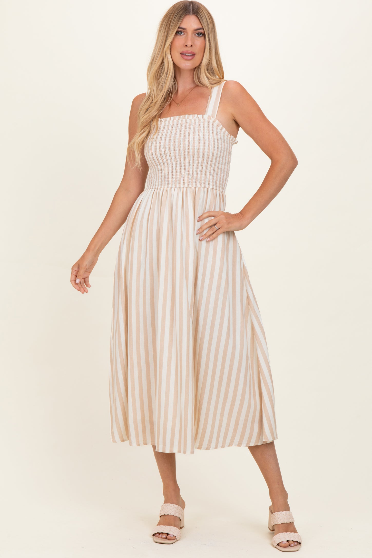 Khaki Striped Smocked Sleeveless Maternity Midi Dress
