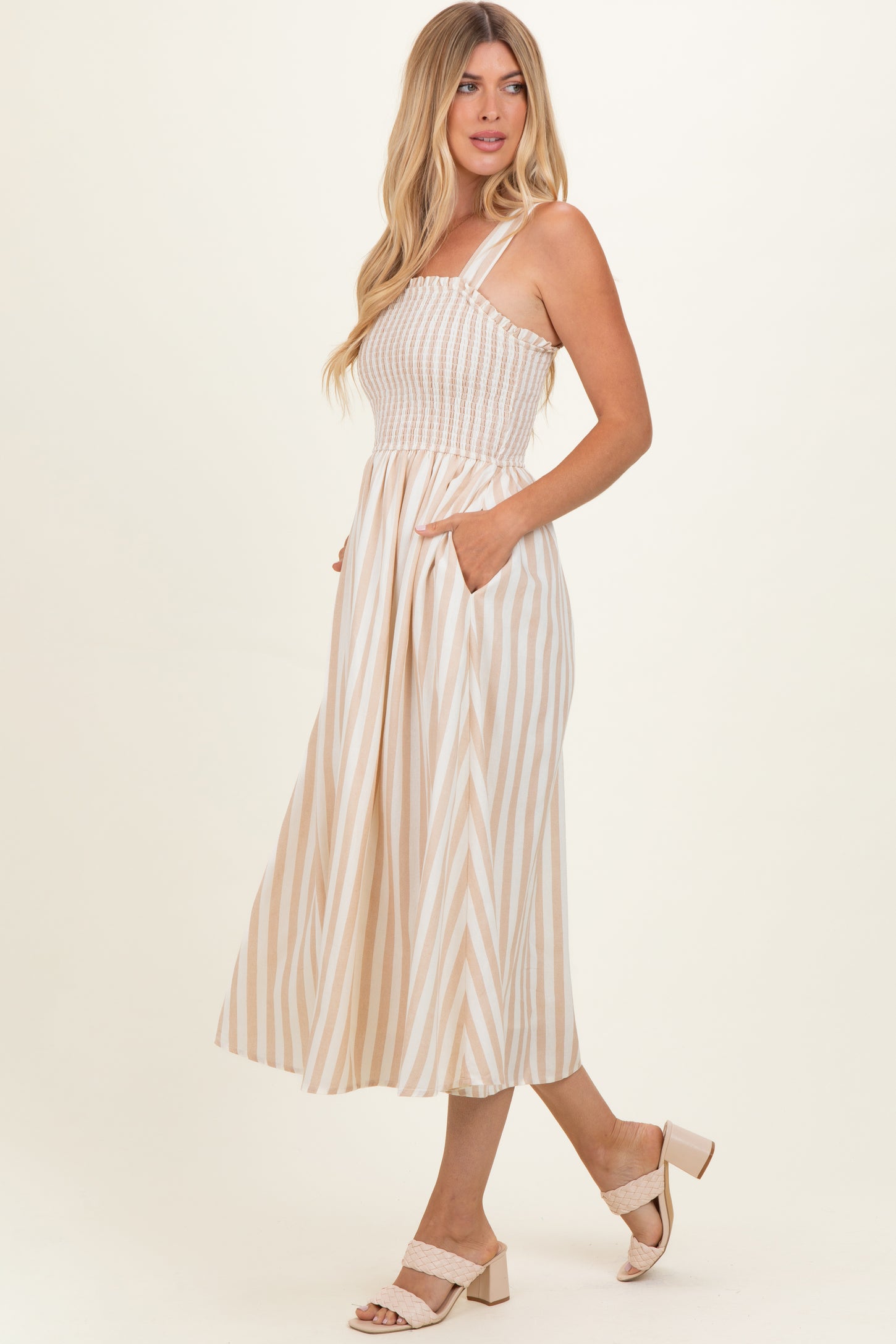 Khaki Striped Smocked Sleeveless Midi Dress
