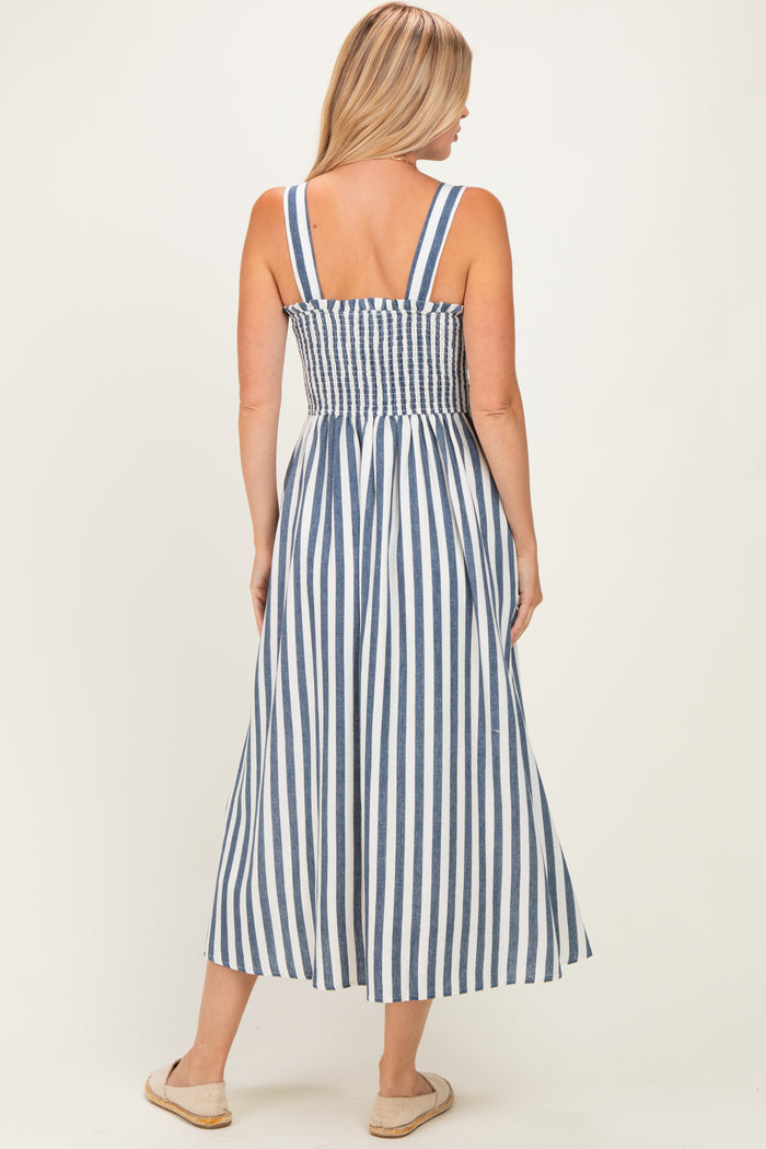 Navy Striped Smocked Sleeveless Midi Dress