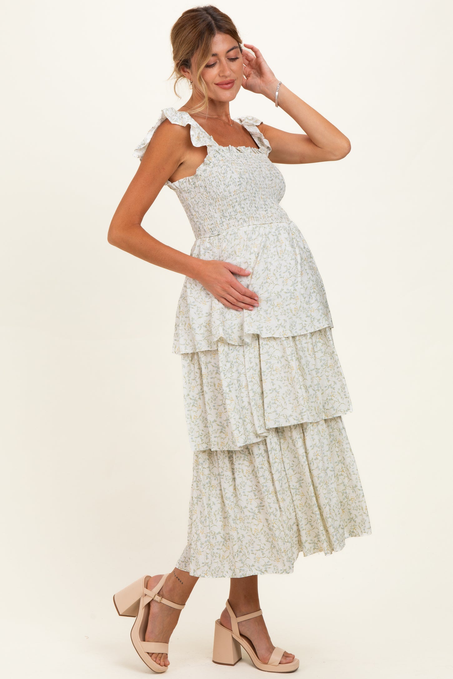 Ivory Floral Smocked Flowy Tier Maternity Midi Dress