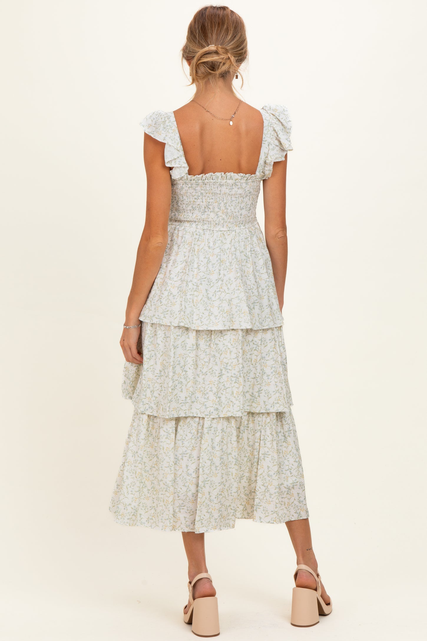 Ivory Floral Smocked Flowy Tier Maternity Midi Dress