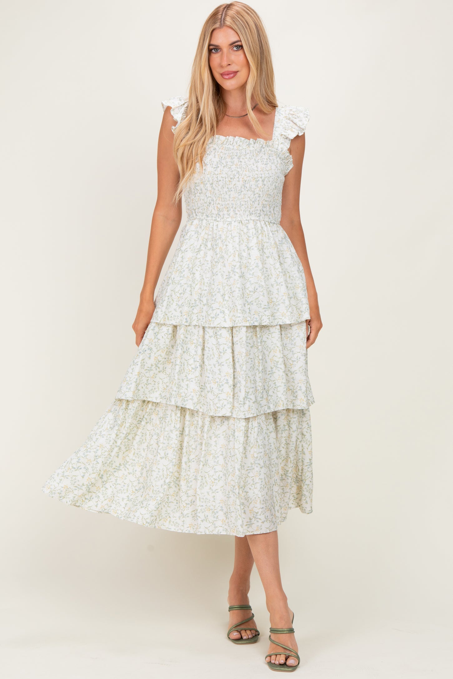 Ivory Floral Smocked Flowy Tier Maternity Midi Dress