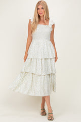 Ivory Floral Smocked Flowy Tier Maternity Midi Dress