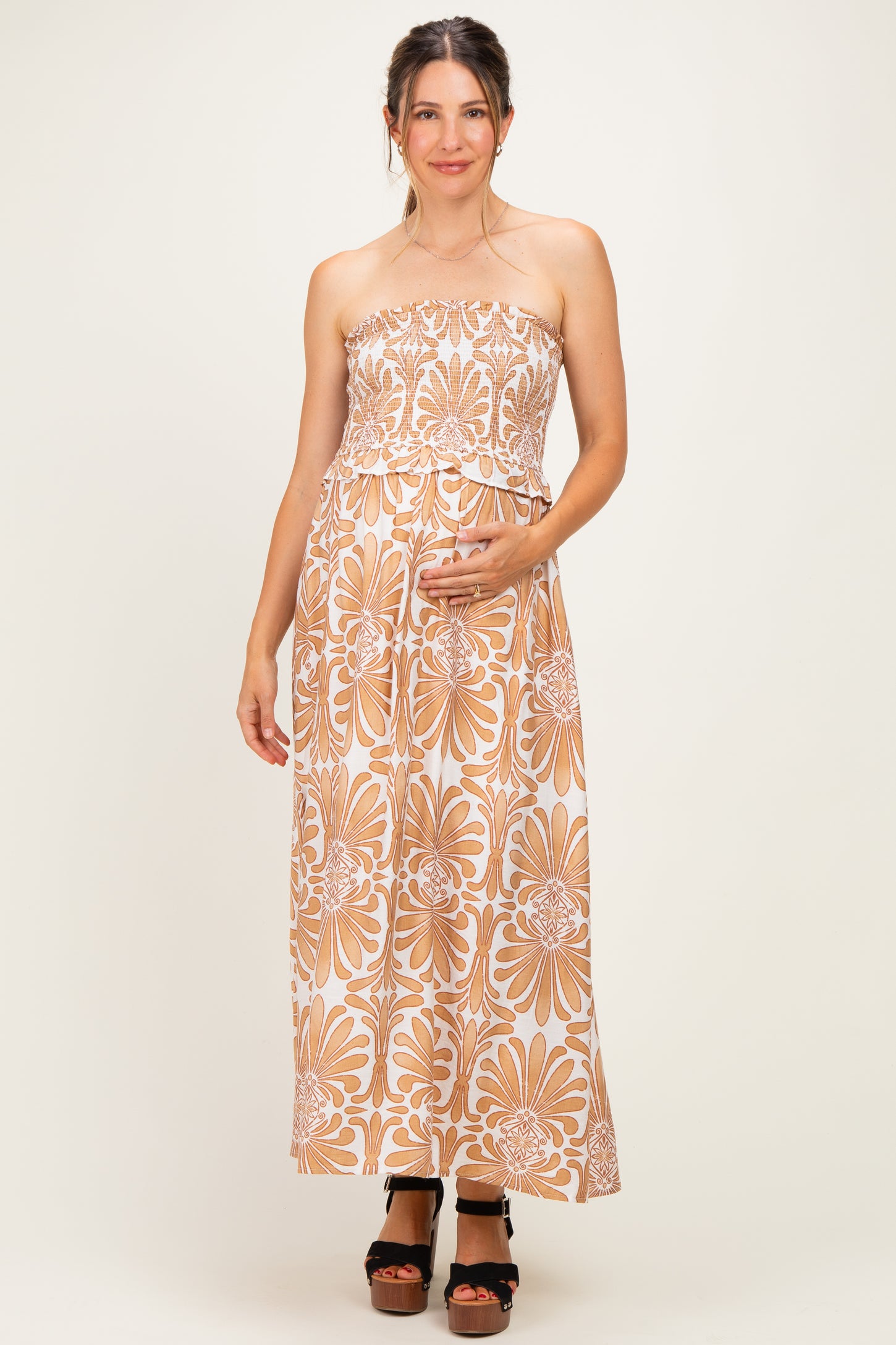Camel Damask Print Strapless Smocked Maternity Midi Dress