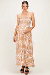 Camel Damask Print Strapless Smocked Maternity Midi Dress