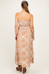 Camel Damask Print Strapless Smocked Maternity Midi Dress