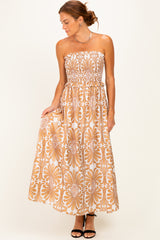 Camel Damask Print Strapless Smocked Maternity Midi Dress