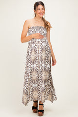 Charcoal Damask Print Strapless Smocked Maternity Midi Dress