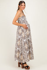 Charcoal Damask Print Strapless Smocked Maternity Midi Dress