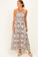 Charcoal Damask Print Strapless Smocked Maternity Midi Dress