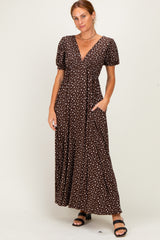 Brown Floral V-Neck Short Sleeve Maxi Dress