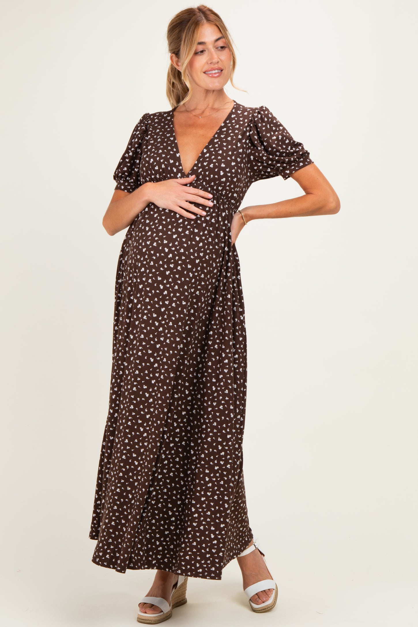 Brown Floral V-Neck Short Sleeve Maternity Maxi Dress