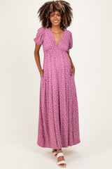 Mauve Floral V-Neck Short Sleeve Maternity Maxi Dress