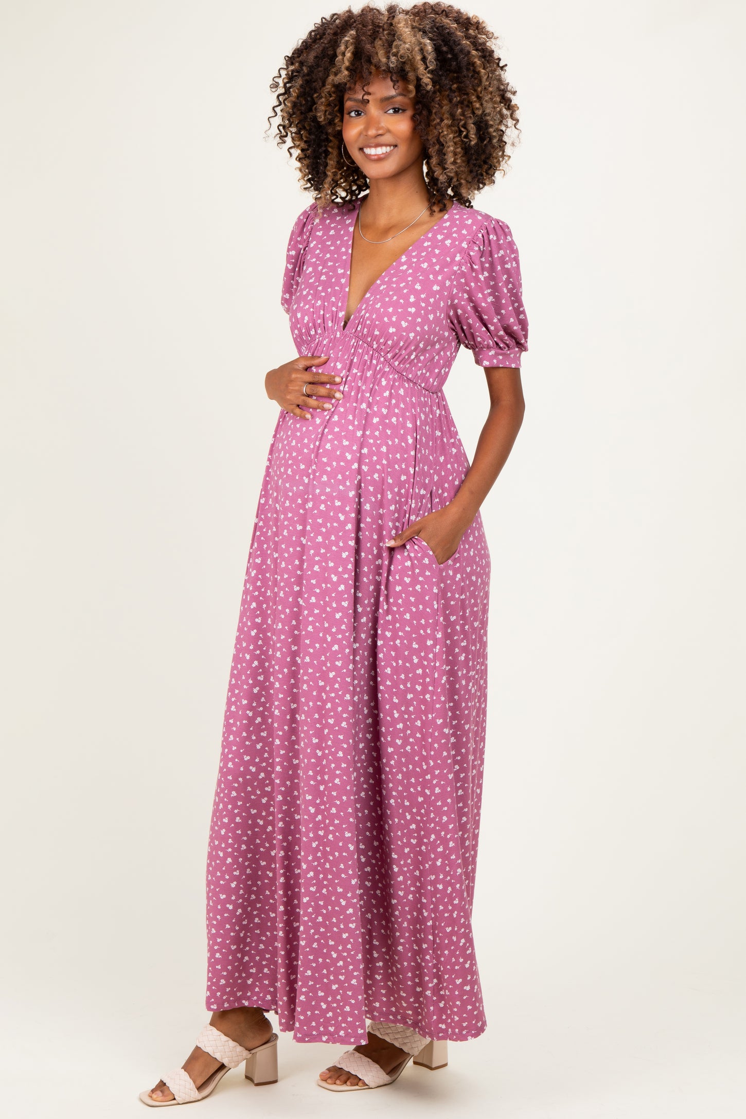 Mauve Floral V-Neck Short Sleeve Maternity Maxi Dress