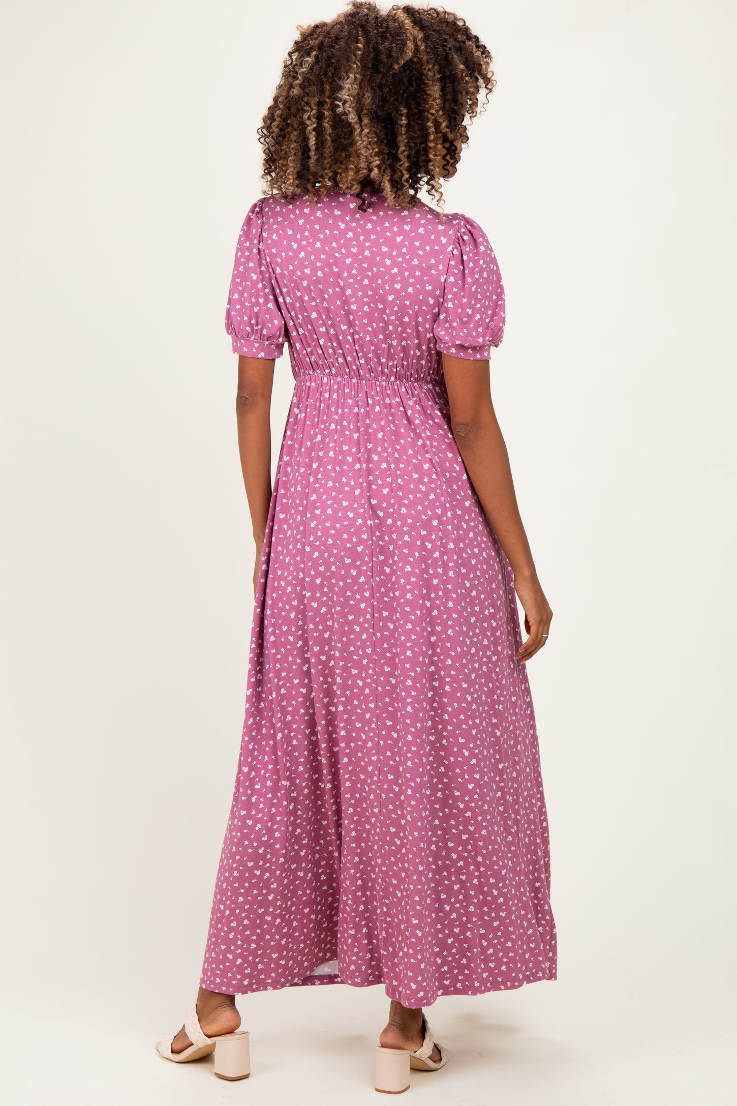 Mauve Floral V-Neck Short Sleeve Maternity Maxi Dress