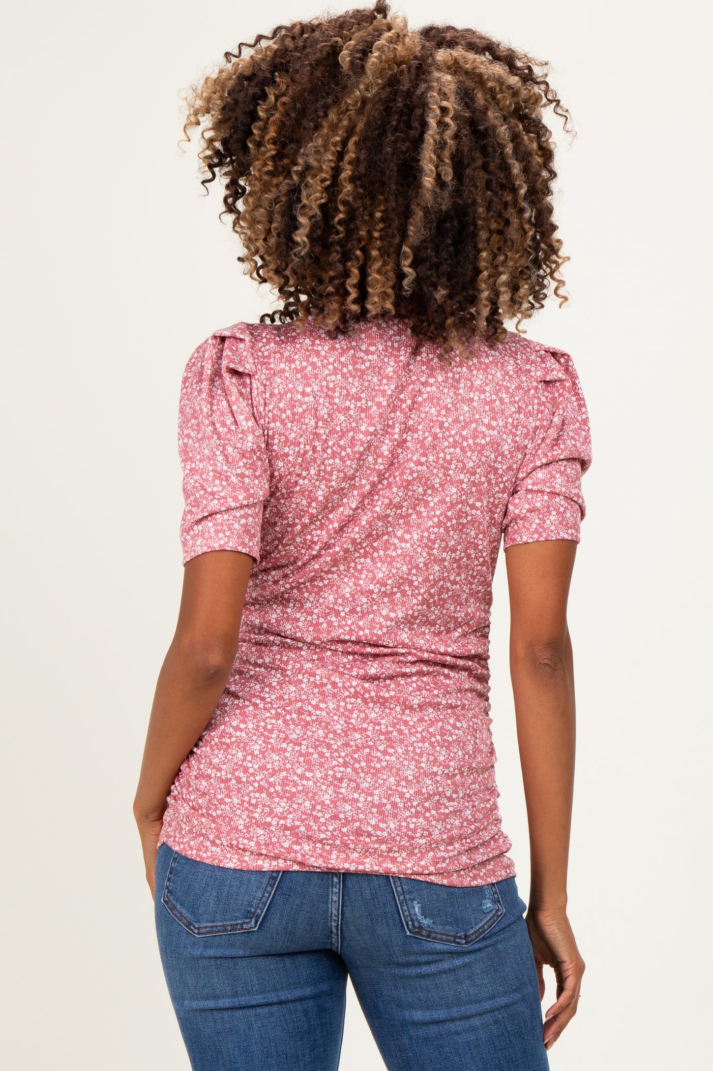 Mauve Floral Short Sleeve Ribbed Maternity Top