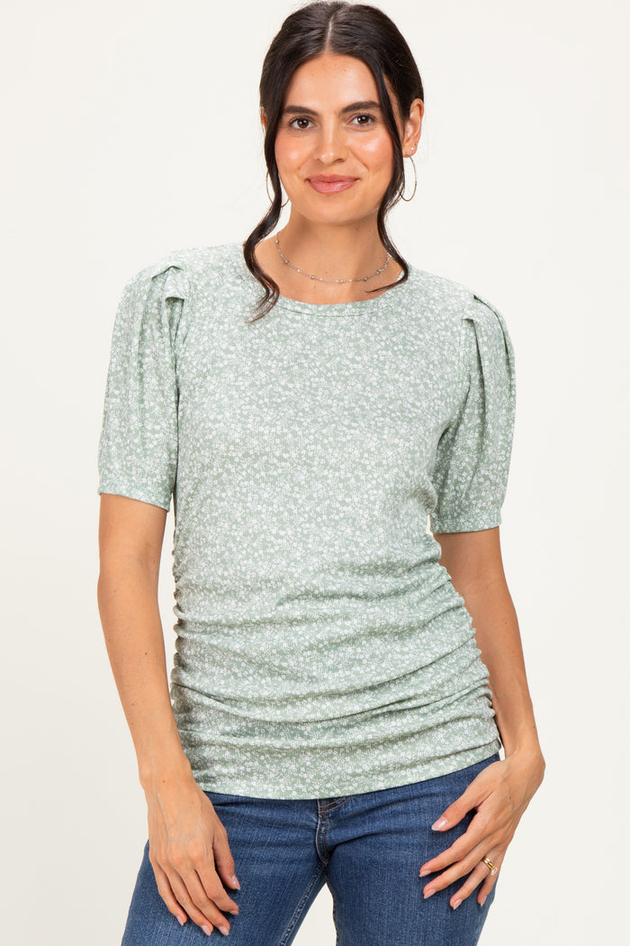 Sage Floral Short Sleeve Ribbed Maternity Top