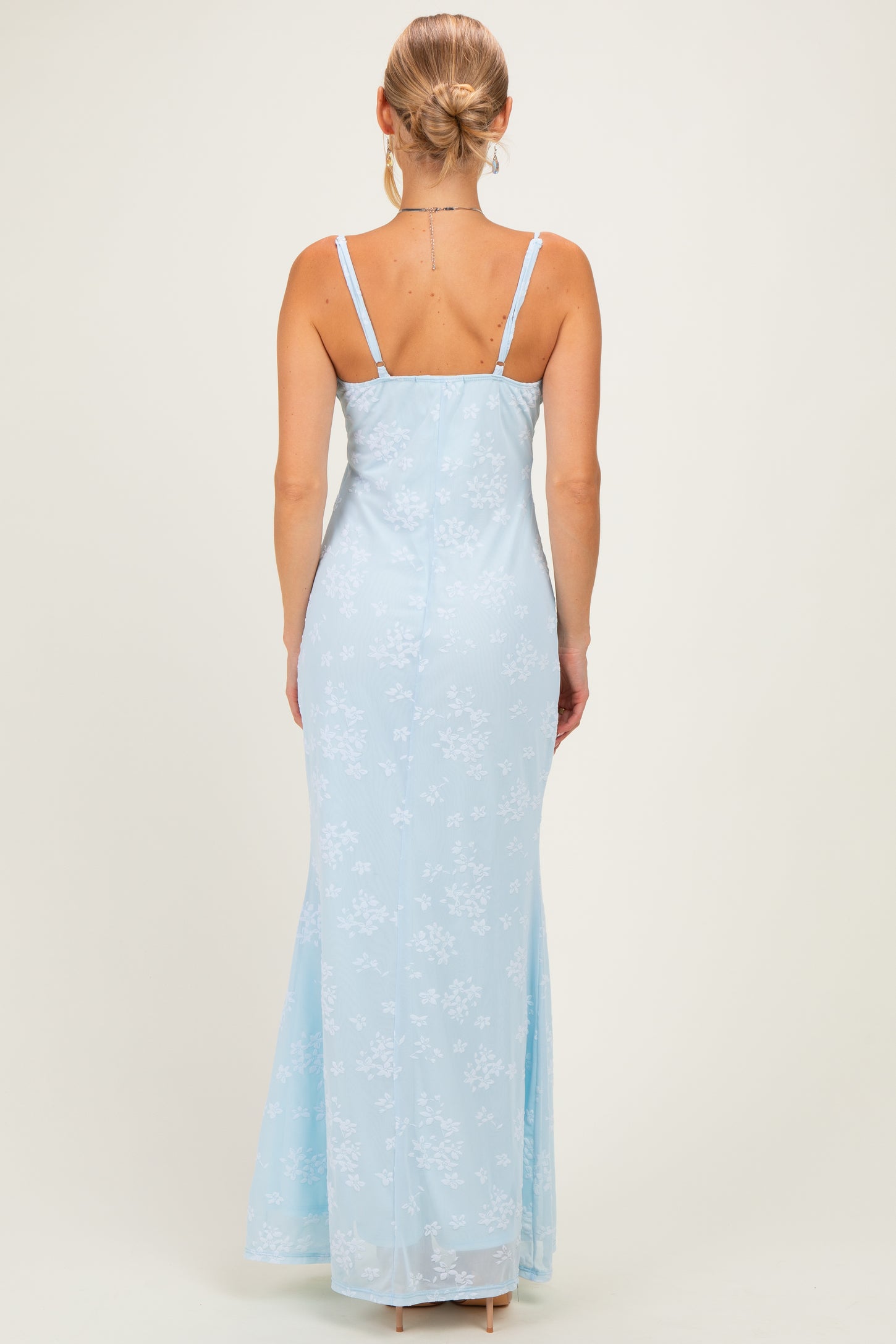 Light Blue Floral Sleeveless V-Neck Maxi Dress