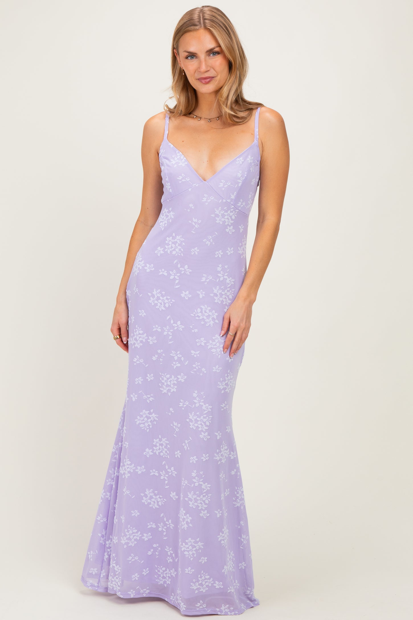 Lavender Floral Sleeveless V-Neck Maternity Maxi Dress