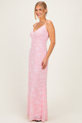 Pink Floral Sleeveless V-Neck Maxi Dress