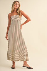 Cream Brown Striped Strapless A-Line Maternity Maxi Dress